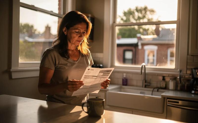 DC homeowner reviewing Pepco budget billing statement at kitchen table in a Petworth row house