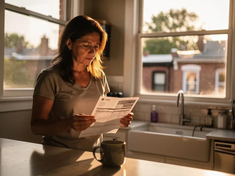 DC homeowner reviewing Pepco budget billing statement at kitchen table in a Petworth row house