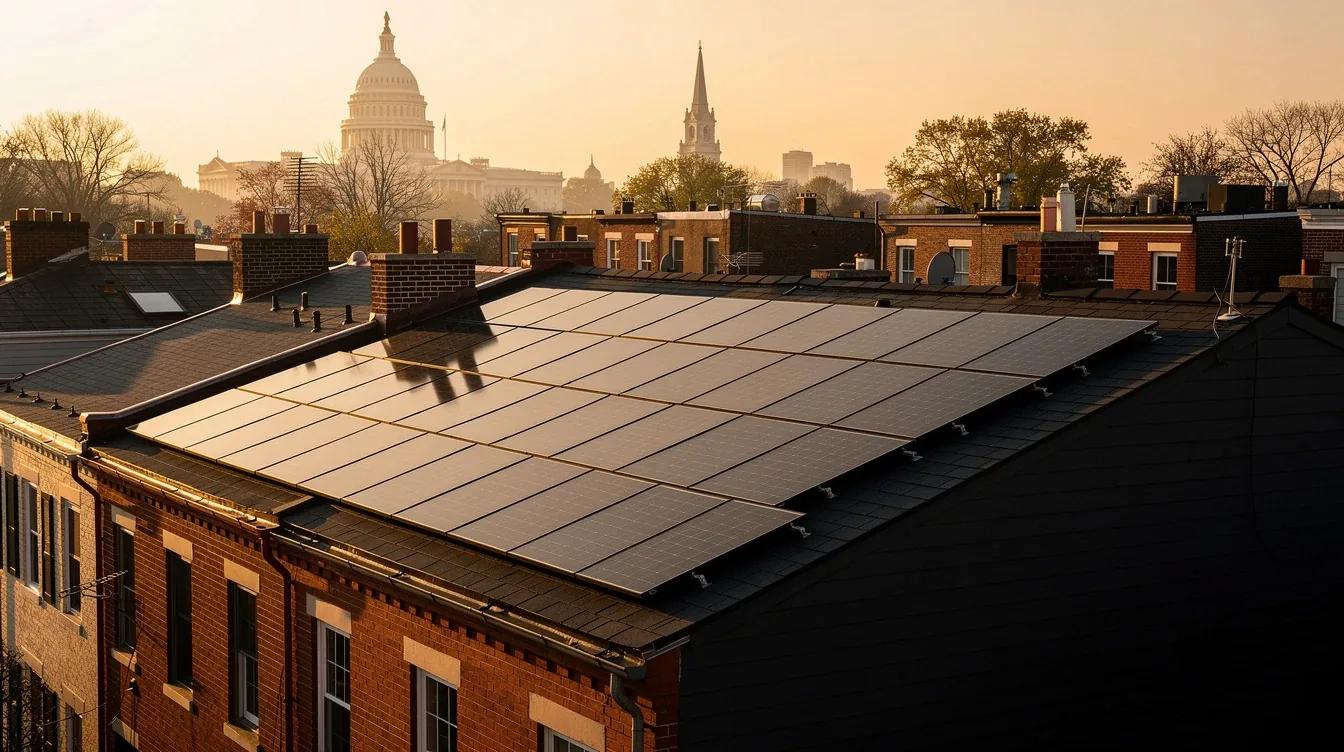 Solar panels on a DC rowhouse rooftop with the Capitol dome visible in the background, illustrating the DC renewable energy standard