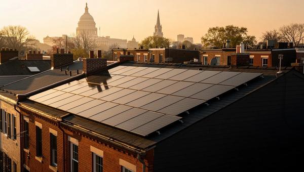 Solar panels on a DC rowhouse rooftop with the Capitol dome visible in the background, illustrating the DC renewable energy standard