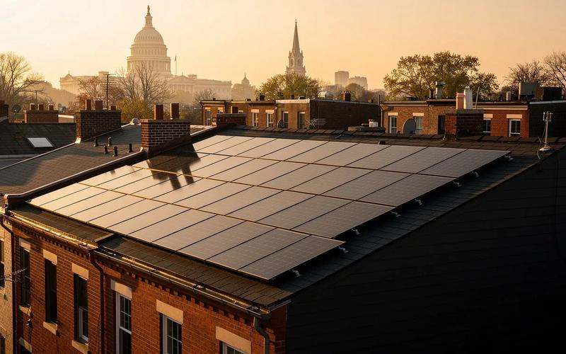 Solar panels on a DC rowhouse rooftop with the Capitol dome visible in the background, illustrating the DC renewable energy standard