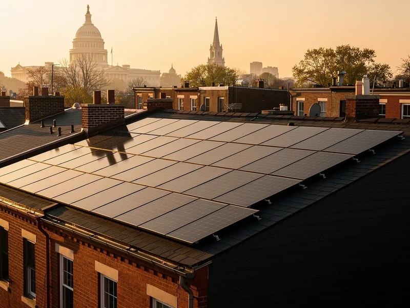 Solar panels on a DC rowhouse rooftop with the Capitol dome visible in the background, illustrating the DC renewable energy standard