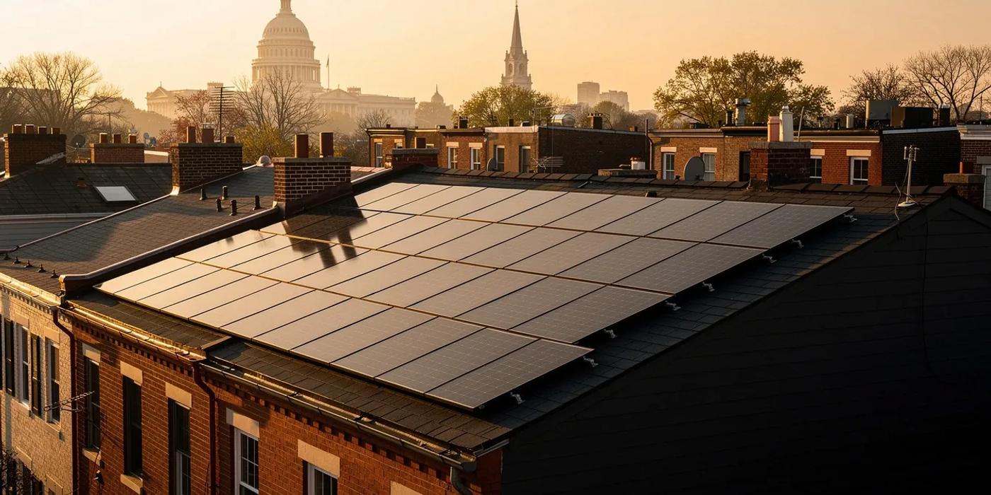 Solar panels on a DC rowhouse rooftop with the Capitol dome visible in the background, illustrating the DC renewable energy standard