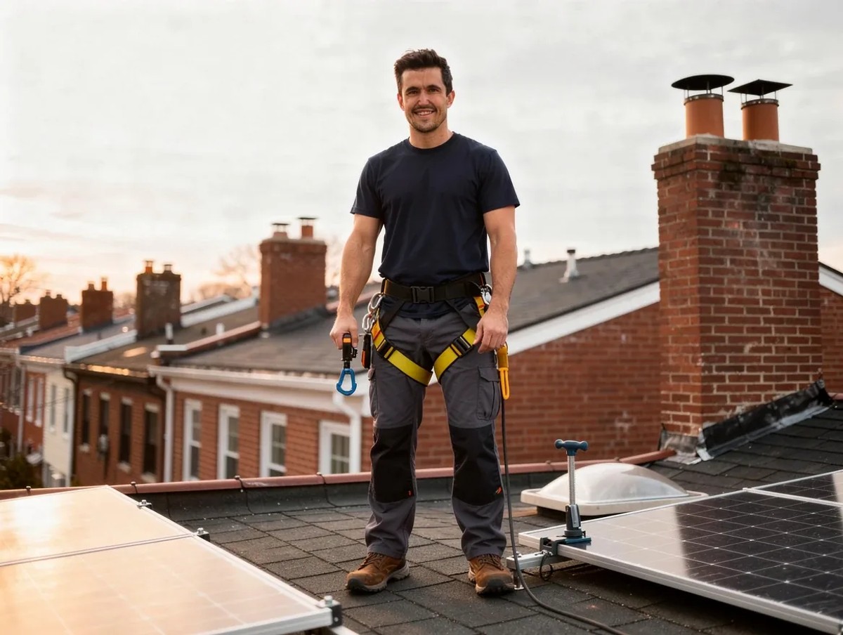 Solar installer on rooftop in Petworth DC neighborhood during panel installation
