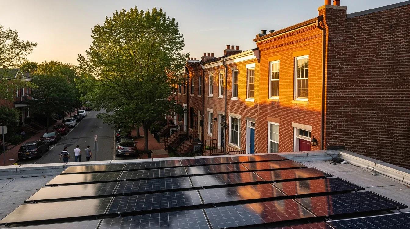 Solar panels installed on a DC row house rooftop with the Capitol dome visible in the background