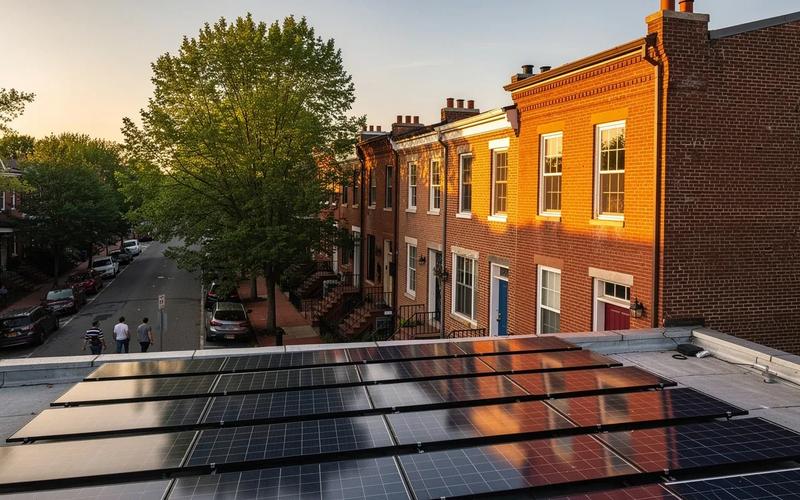 Solar panels installed on a DC row house rooftop with the Capitol dome visible in the background