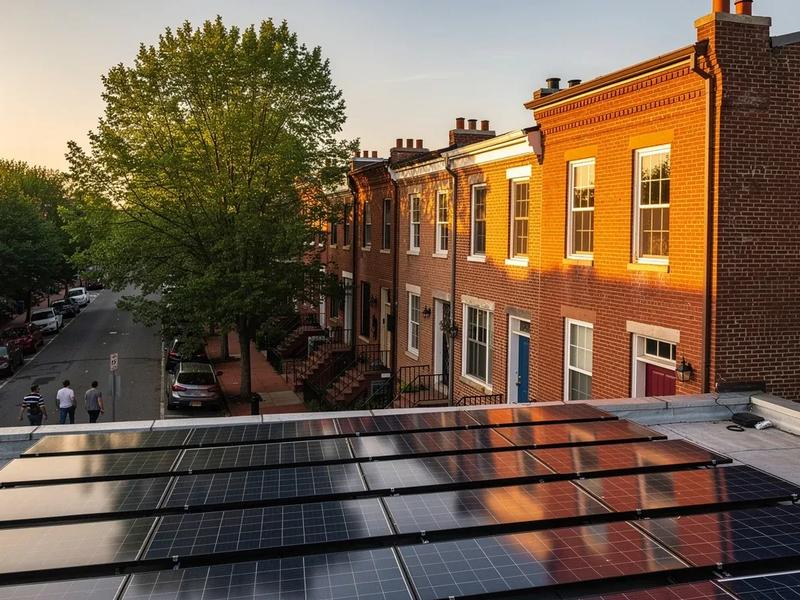 Solar panels installed on a DC row house rooftop with the Capitol dome visible in the background