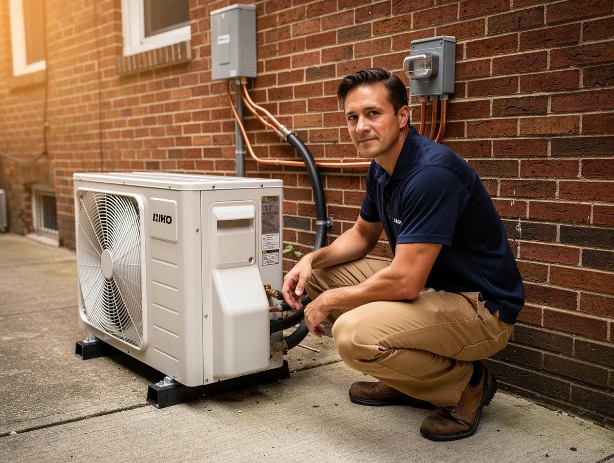 HVAC technician installing heat pump outdoor unit at Washington DC row house