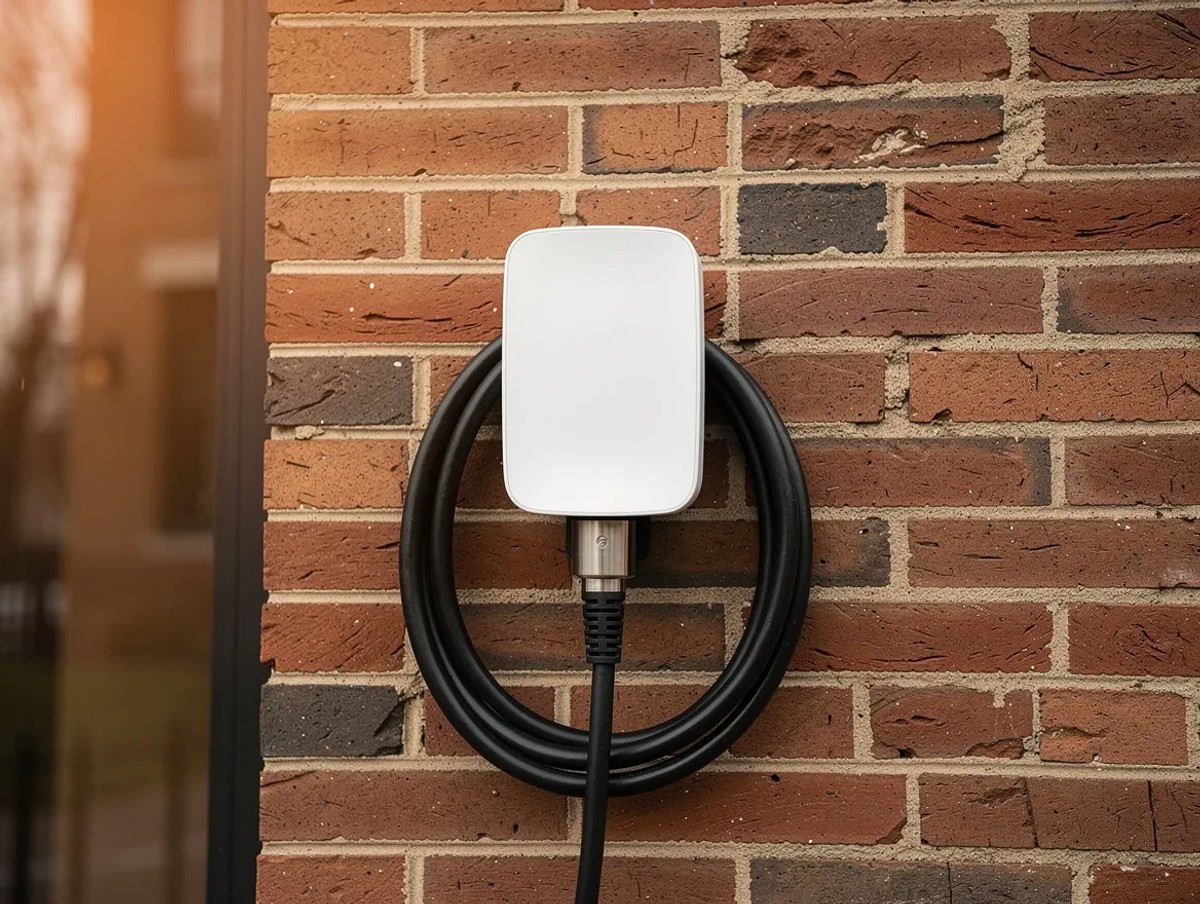 Level 2 EV charger installed on the exterior brick wall of a Washington DC home