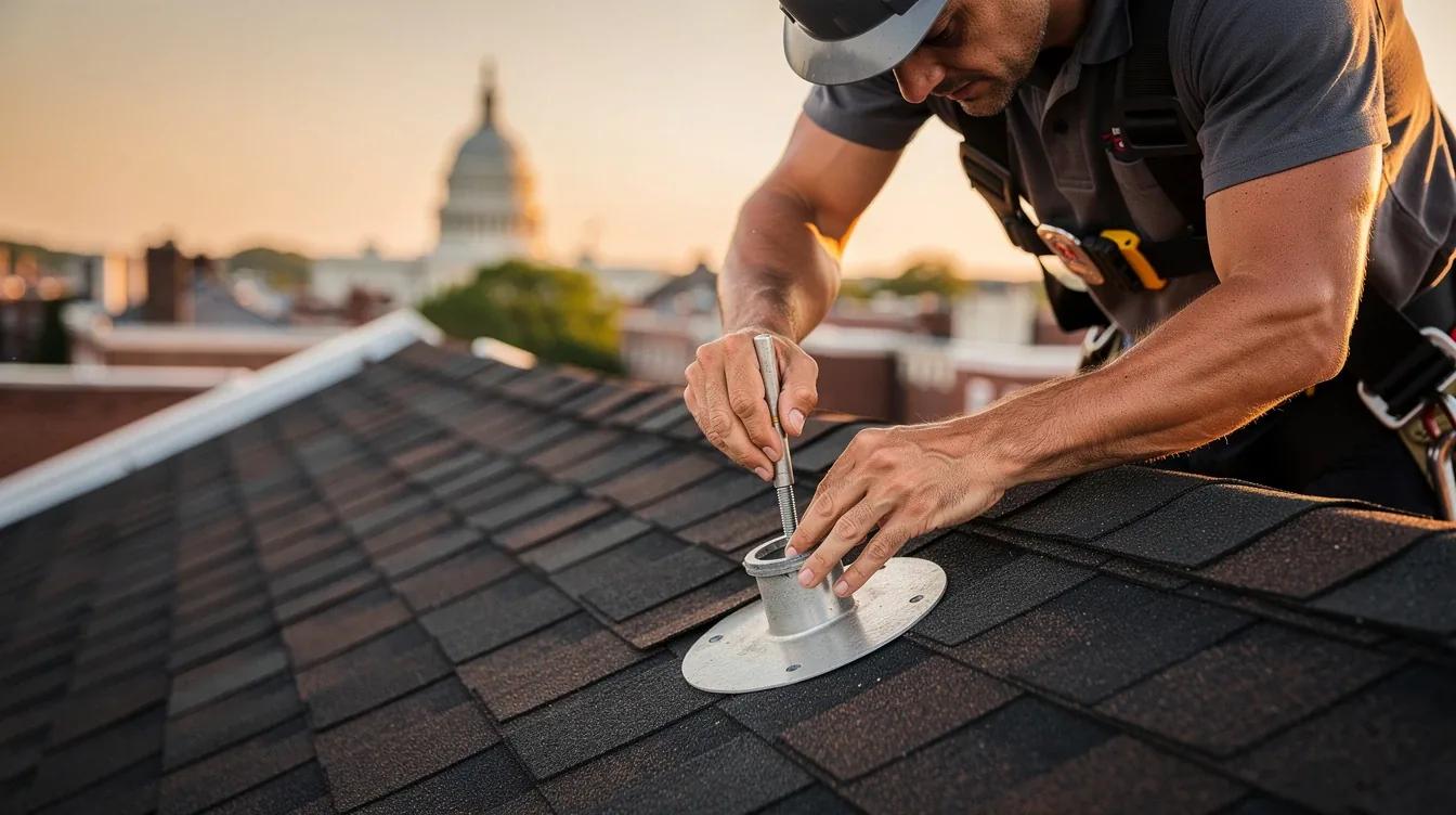 Licensed solar installer securing roof mount flashing on a DC rowhouse during a professional solar installation