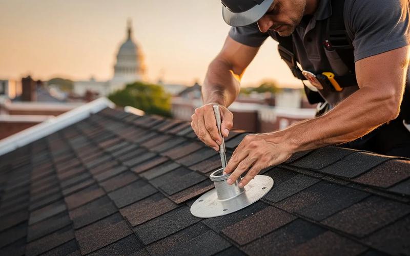 Licensed solar installer securing roof mount flashing on a DC rowhouse during a professional solar installation