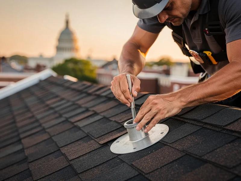 Licensed solar installer securing roof mount flashing on a DC rowhouse during a professional solar installation