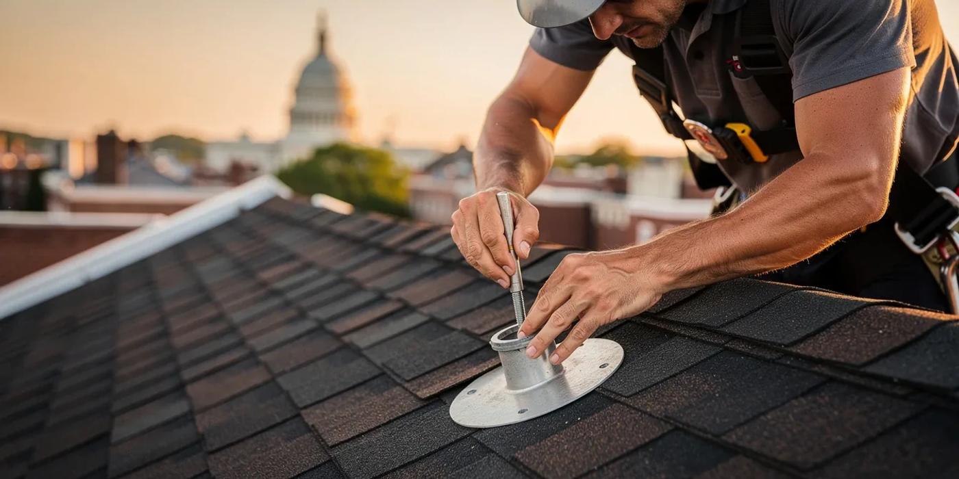 Licensed solar installer securing roof mount flashing on a DC rowhouse during a professional solar installation