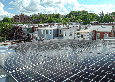 Solar panels on rooftops.