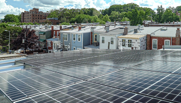 Solar panels on rooftops.