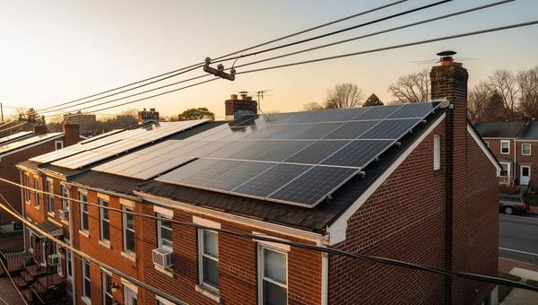 DC rowhouse rooftop solar panels with Pepco utility infrastructure visible in the background