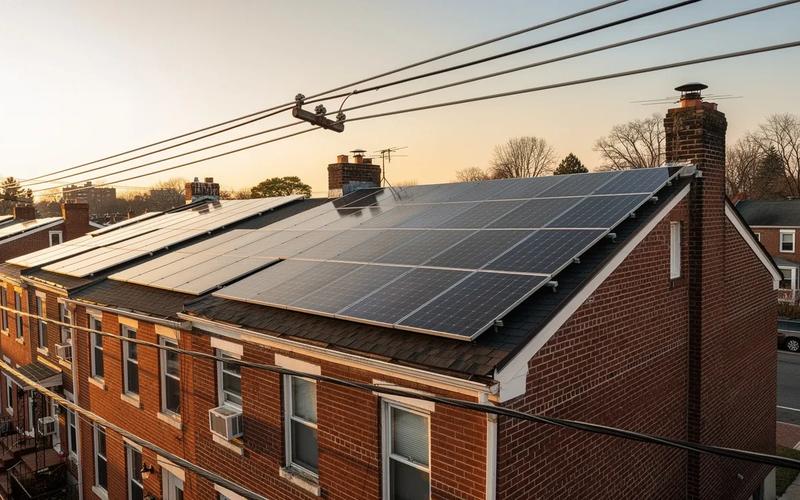 DC rowhouse rooftop solar panels with Pepco utility infrastructure visible in the background