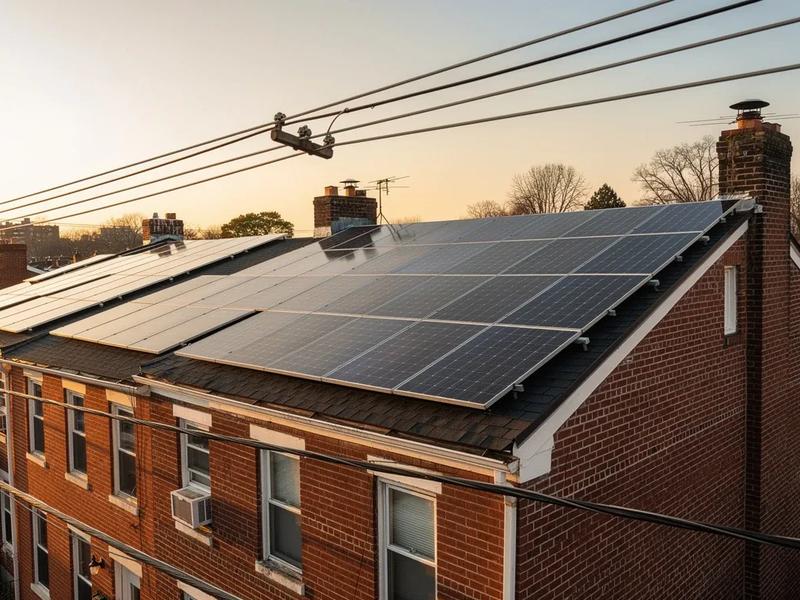 DC rowhouse rooftop solar panels with Pepco utility infrastructure visible in the background