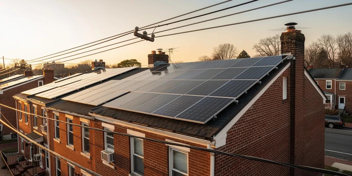 DC rowhouse rooftop solar panels with Pepco utility infrastructure visible in the background