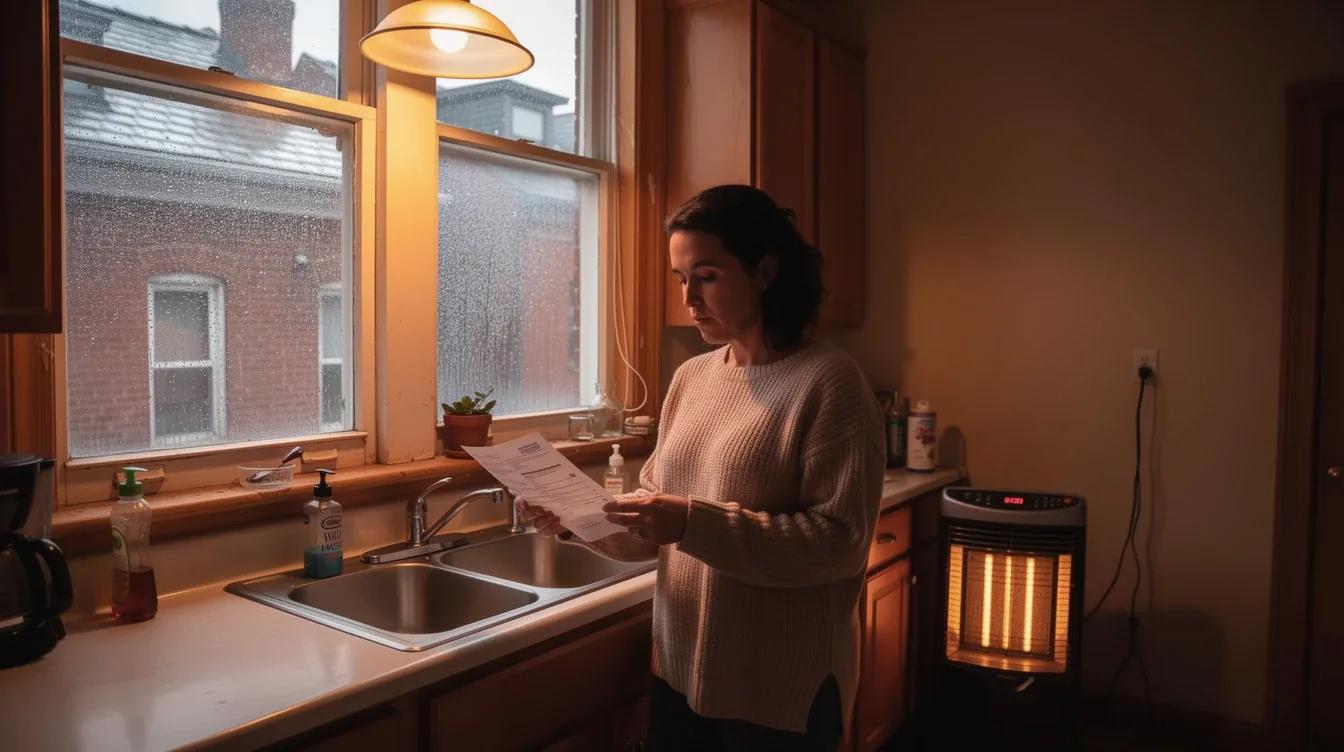 DC row house interior in winter with a Pepco bill on the kitchen table and frost on the window — how to reduce electric bill in winter