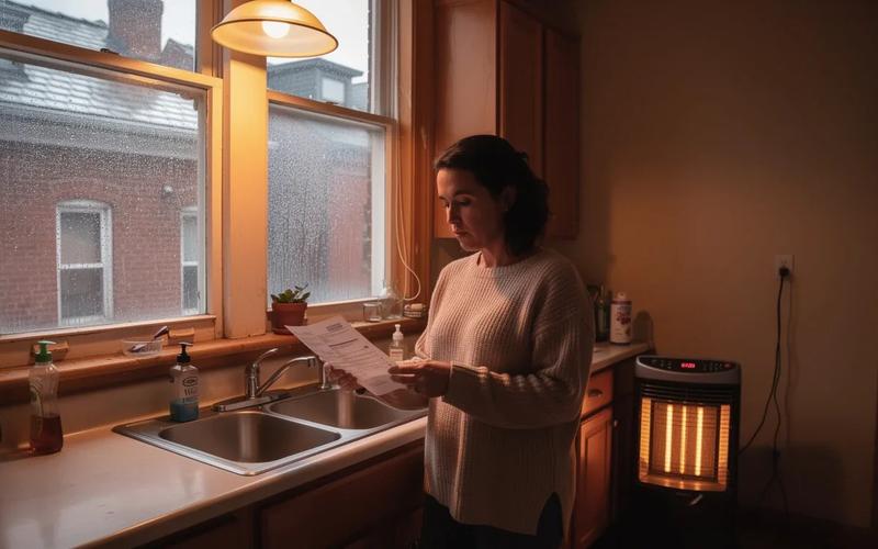 DC row house interior in winter with a Pepco bill on the kitchen table and frost on the window — how to reduce electric bill in winter