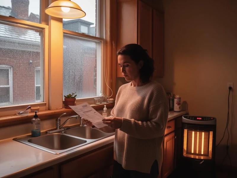 DC row house interior in winter with a Pepco bill on the kitchen table and frost on the window — how to reduce electric bill in winter