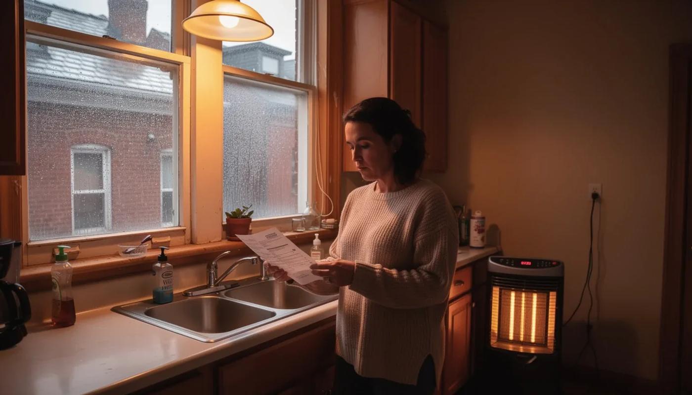 DC row house interior in winter with a Pepco bill on the kitchen table and frost on the window — how to reduce electric bill in winter
