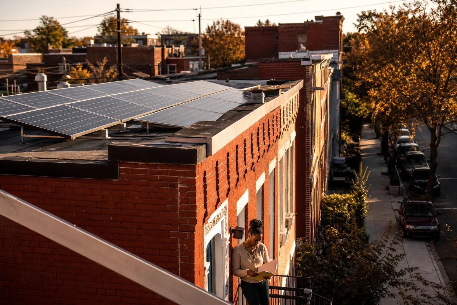 Washington DC rowhouse block with rooftop solar panels, illustrating how to compare the best solar companies in DC