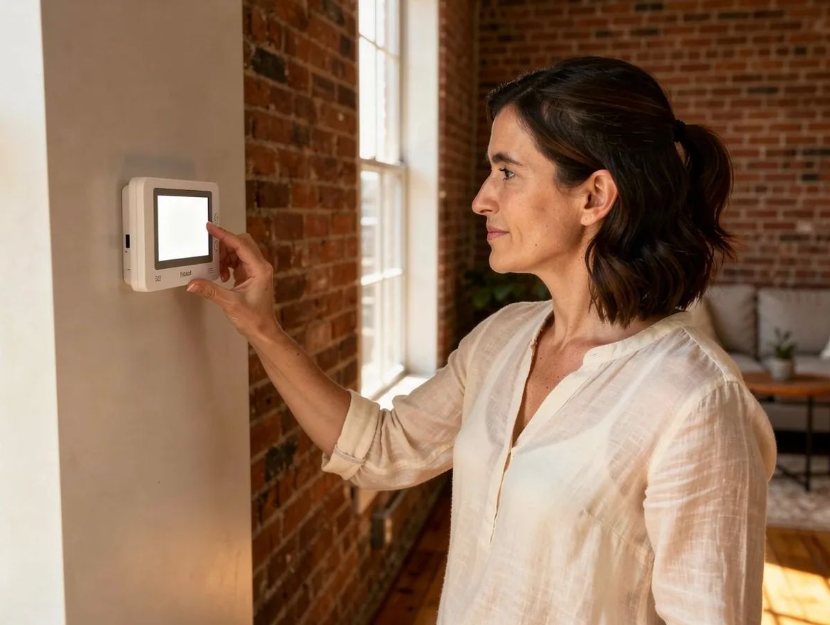 DC homeowner adjusting heat pump thermostat in renovated row house living room