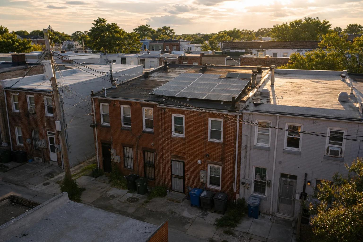 Washington, DC rowhouse block with rooftop solar panels and Pepco lines, illustrating how to pick a local solar company near me