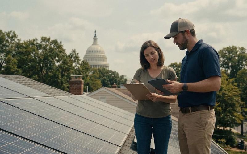 Two individuals discussing solar panels.