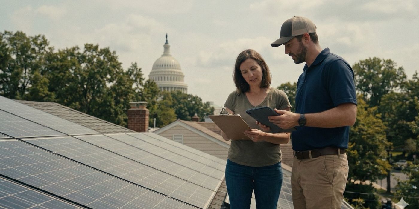 Two individuals discussing solar panels.