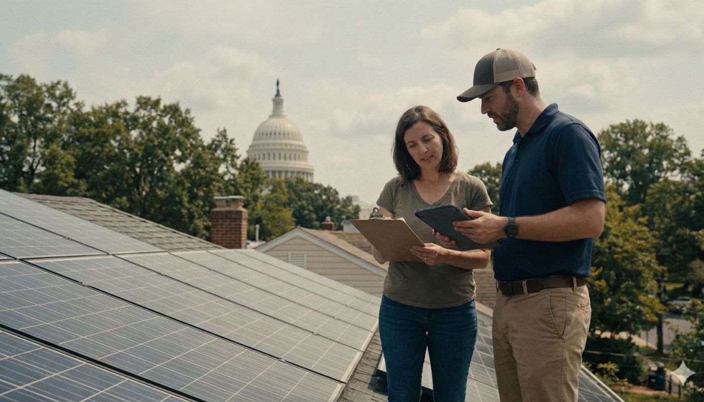 Two individuals discussing solar panels.