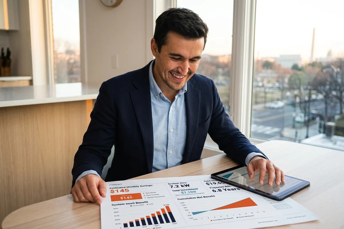 DC homeowner sitting at a kitchen table reviewing solar contract documents, warm natural light through window, realistic editorial photography style