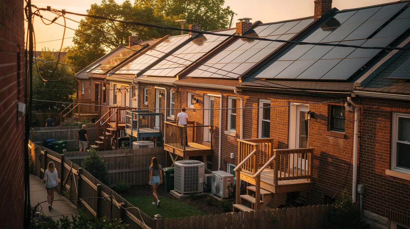 Solar panels on a DC rowhouse roof with a heat pump condenser unit visible in the rear yard, illustrating home renewable energy electrification
