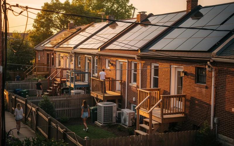 Solar panels on a DC rowhouse roof with a heat pump condenser unit visible in the rear yard, illustrating home renewable energy electrification