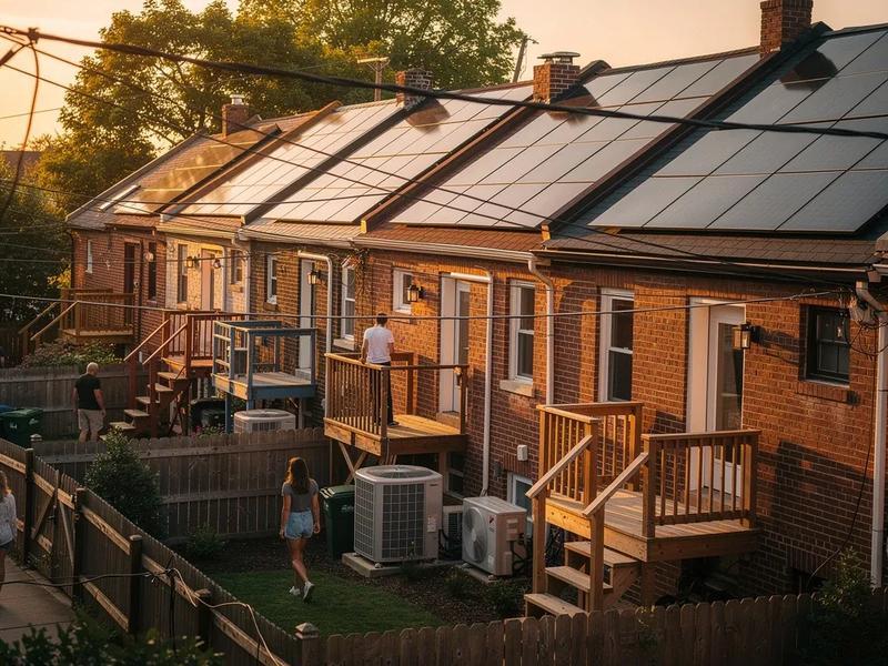 Solar panels on a DC rowhouse roof with a heat pump condenser unit visible in the rear yard, illustrating home renewable energy electrification