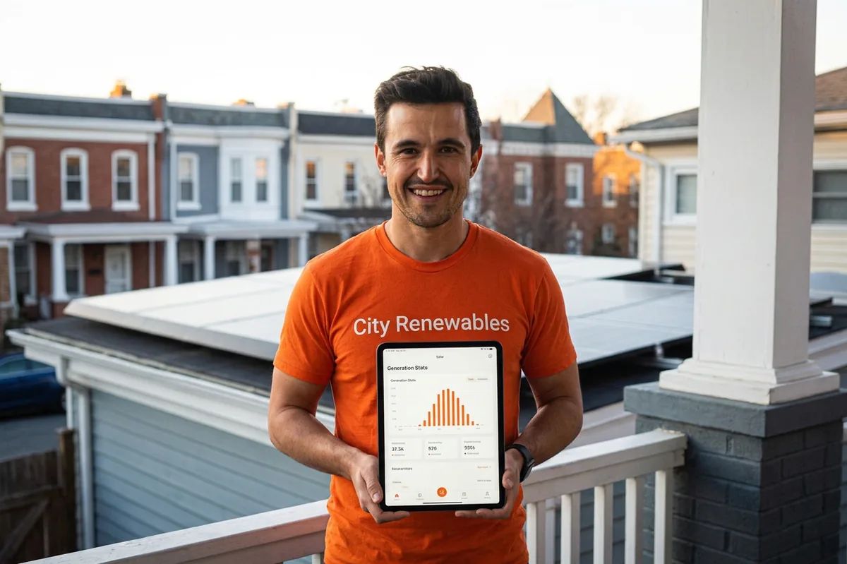 DC row house homeowner celebrating PTO approval for solar system