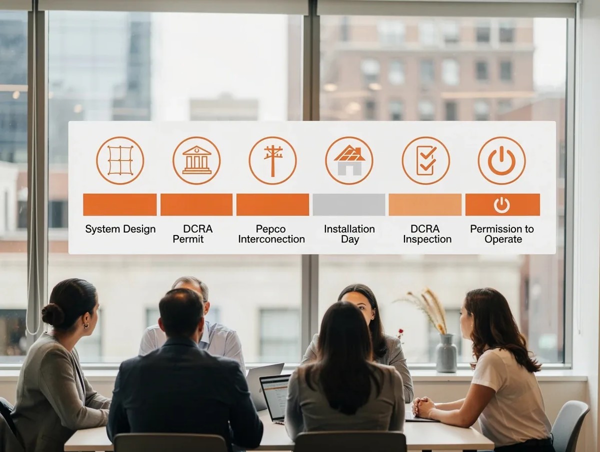 DC solar permitting timeline infographic showing all phases from system design to Permission to Operate