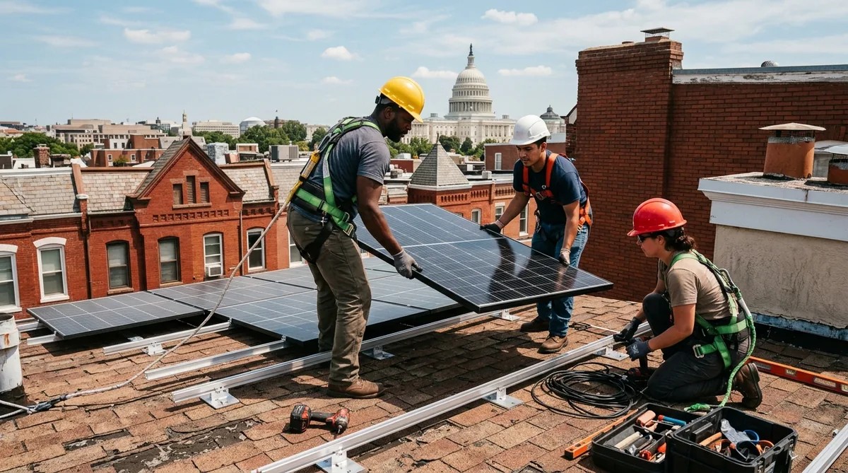 Solar installation crew of 3-4 workers on the roof of a Washington DC red-brick row house, workers wearing safety harnesses and hard hats, solar panels being positioned, bright sunny day with Capitol Hill rooftops visible in background