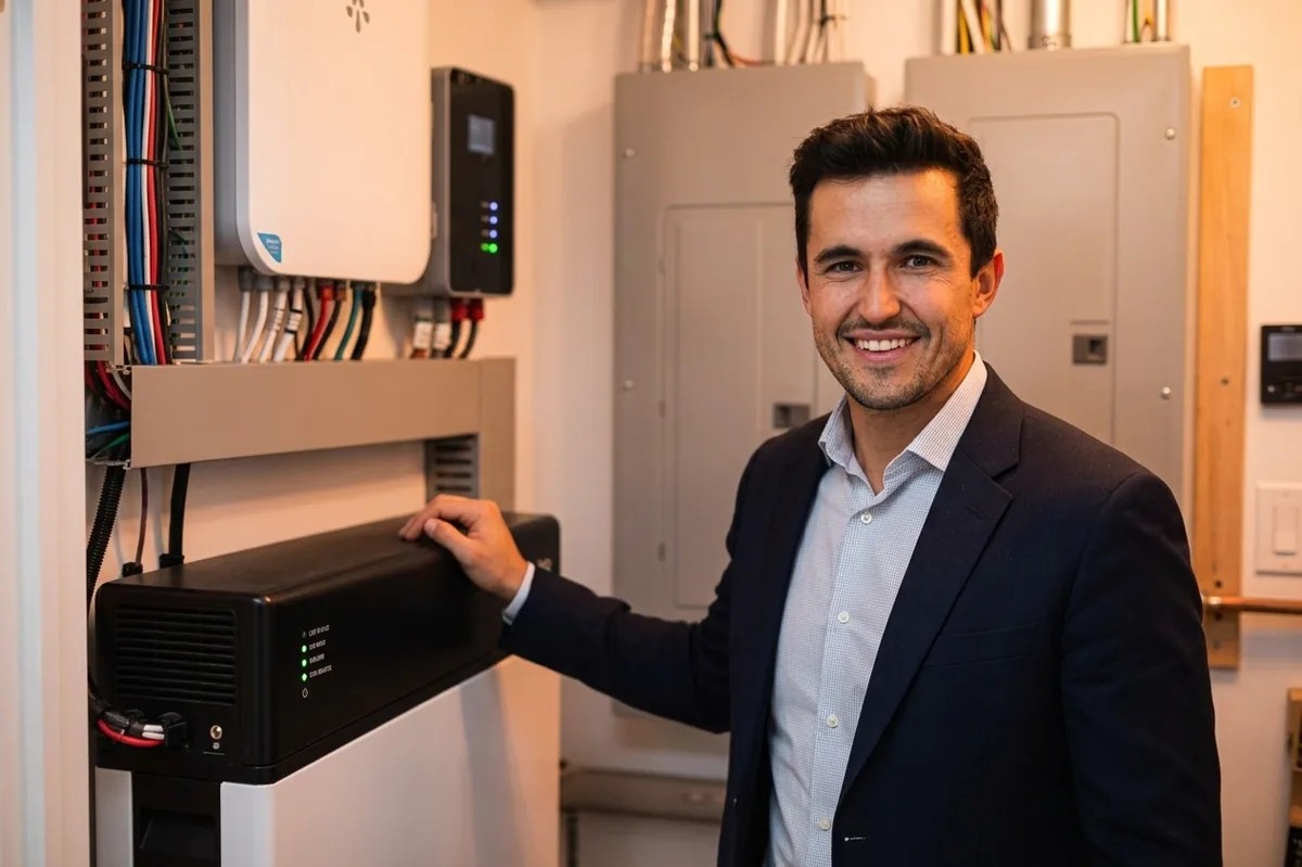 Interior of DC row house with professionally installed home battery system