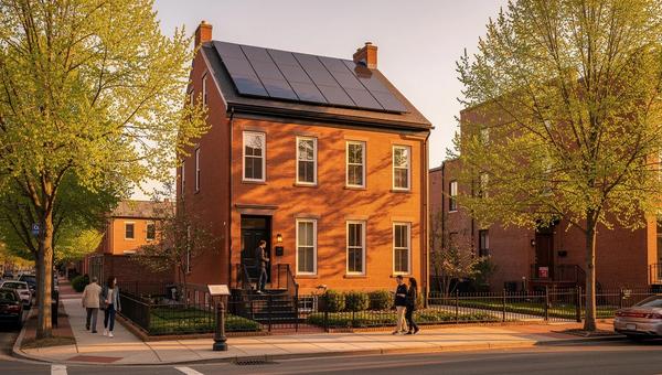 Capitol Hill DC historic row house with solar panels installed on the rear roof slope