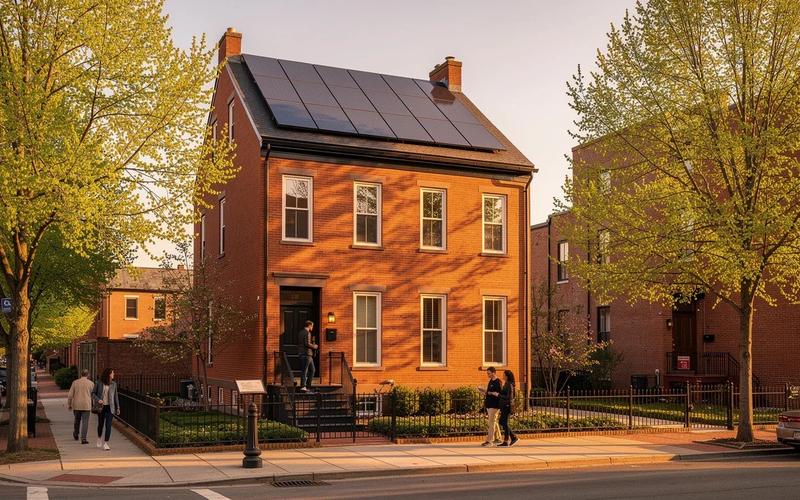 Capitol Hill DC historic row house with solar panels installed on the rear roof slope
