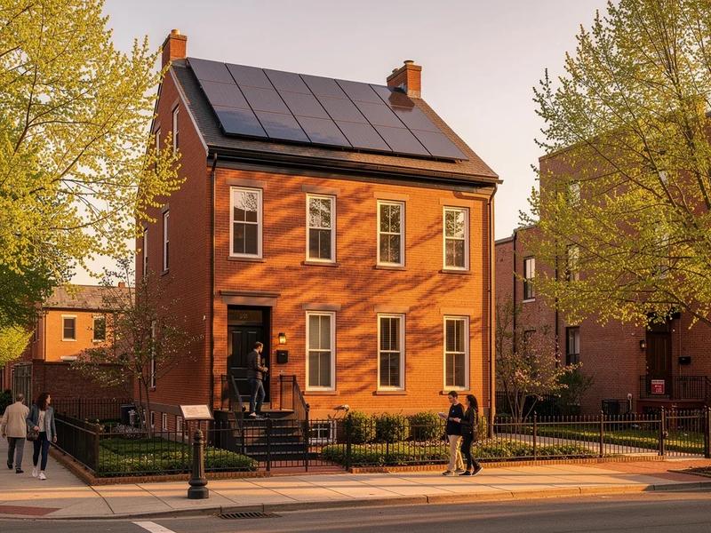 Capitol Hill DC historic row house with solar panels installed on the rear roof slope