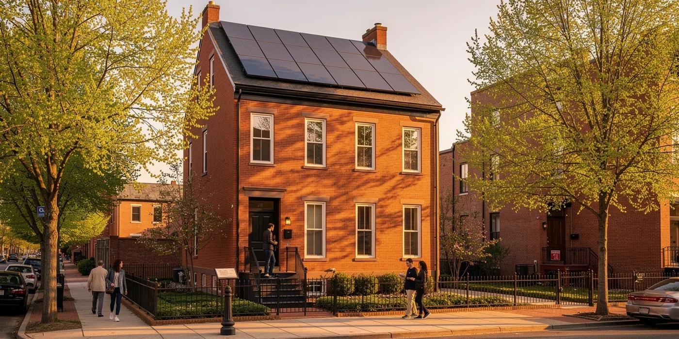 Capitol Hill DC historic row house with solar panels installed on the rear roof slope