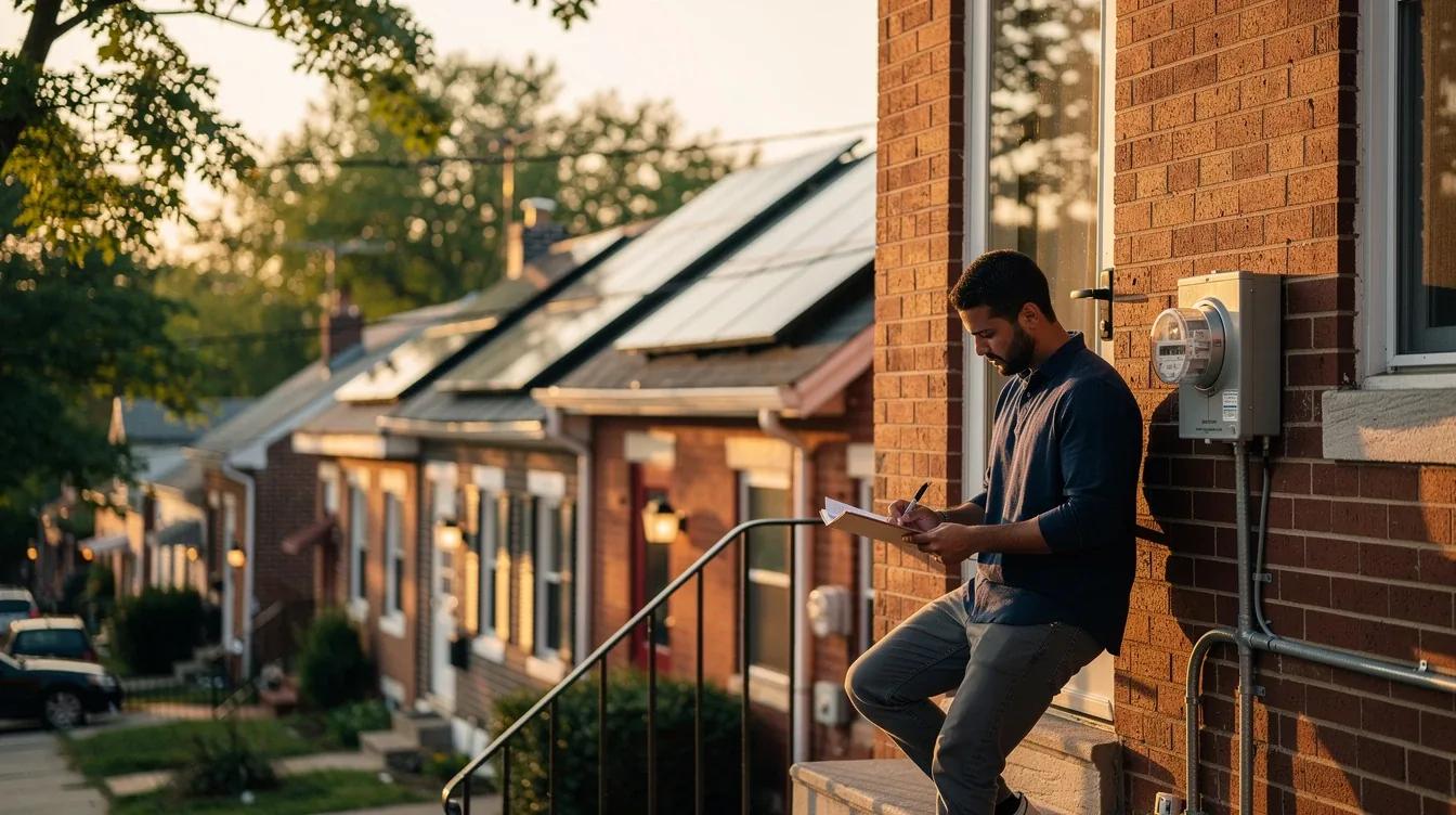 Rooftop solar on a DC rowhouse with contract paperwork—verifying a solar system performance guarantee against a kWh model