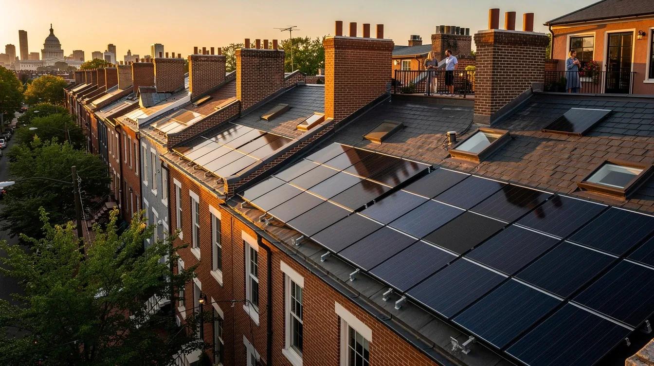 Solar panels installed on a DC row house roof with Capitol Hill neighborhood rooftops visible in the background