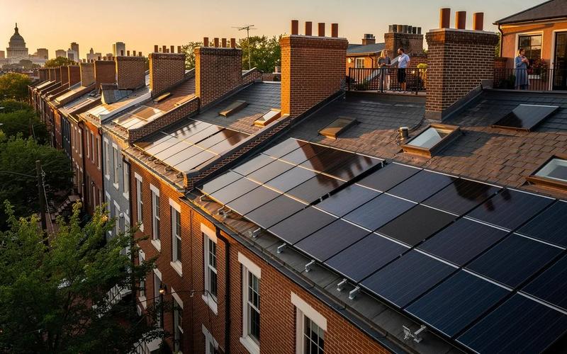 Solar panels installed on a DC row house roof with Capitol Hill neighborhood rooftops visible in the background