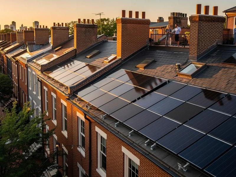 Solar panels installed on a DC row house roof with Capitol Hill neighborhood rooftops visible in the background