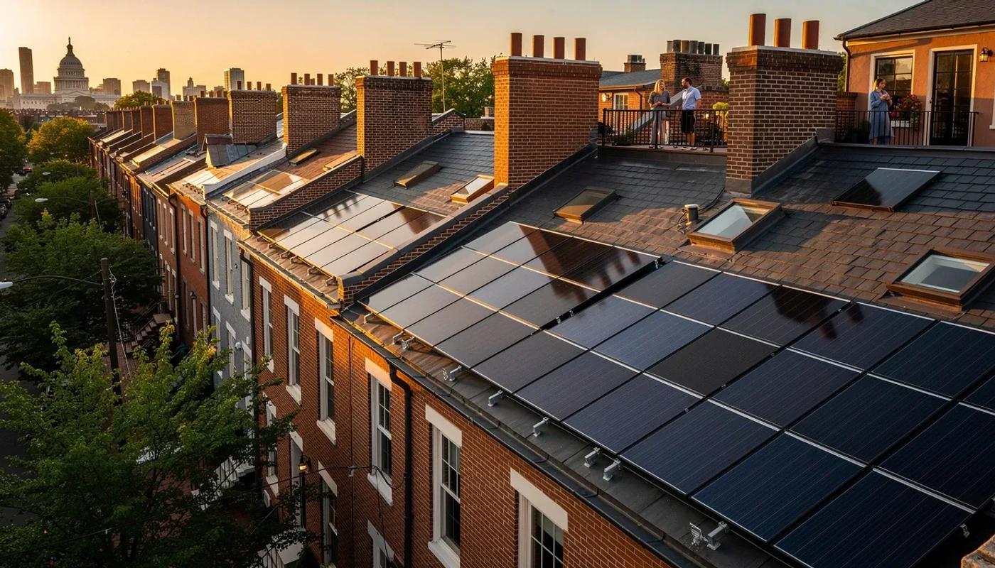 Solar panels installed on a DC row house roof with Capitol Hill neighborhood rooftops visible in the background